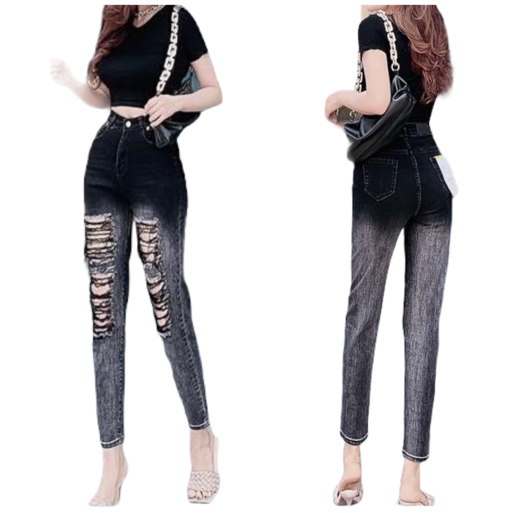 Quần jean dài phom Baggy/boyfriend co dãn mạnh, lưng cao, màu xám loang rách đẹp Siêu Phẩm