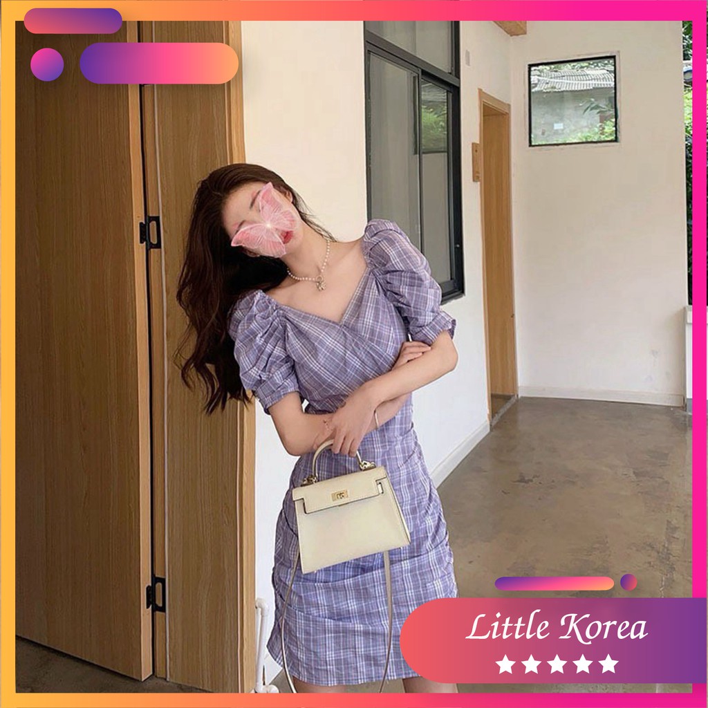 Váy Đầm Nữ Ôm Body Nhún Eo Tay Phồng Cổ V Vát Chéo Kẻ Caro - LITTLE KOREA