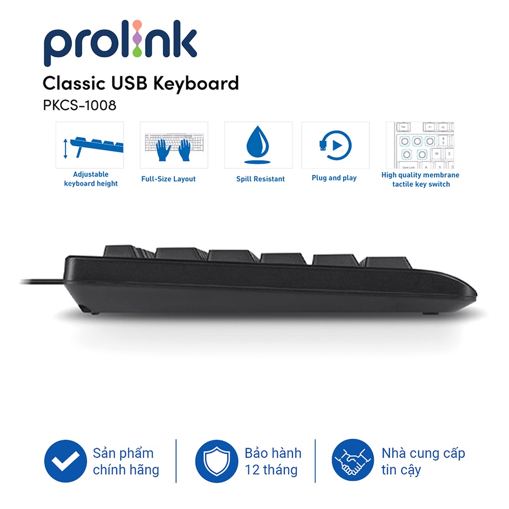 Bàn phím máy tính có dây PROLiNK PKCS1008 Fullsize cao cấp, chống thấm, độ nhạy cao dành cho PC, Laptop