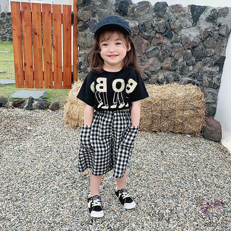 Set Áo Thun Tay Ngắn &amp; Quần Short Caro Cho Bé Gái