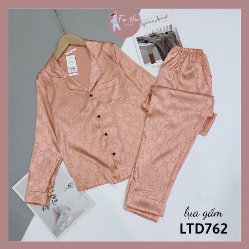 Đồ Bộ Pizama Lụa Gấm Tay Dài Quần Dài Pijama Hoạ tiết Tim Bộ mặc nhà sau sinh