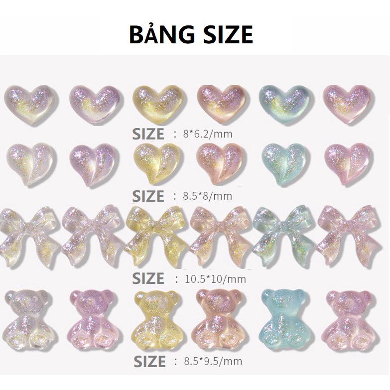 Set 10 charm nơ, gấu, tim, tim đào xà cừ ánh nhũ mix màu đính móng