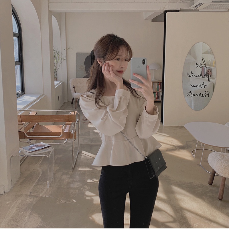 Áo tay dài SUXI cổ vuông phong cách cổ điển Hàn Quốc dễ phối đồ cho nữ