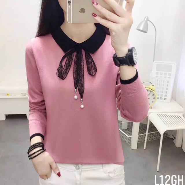 💋FREESHIP💋Áo len siêu phẩm cổ Đức nơ ren đính Ngọc vừa đẹp.Hàng qc l1