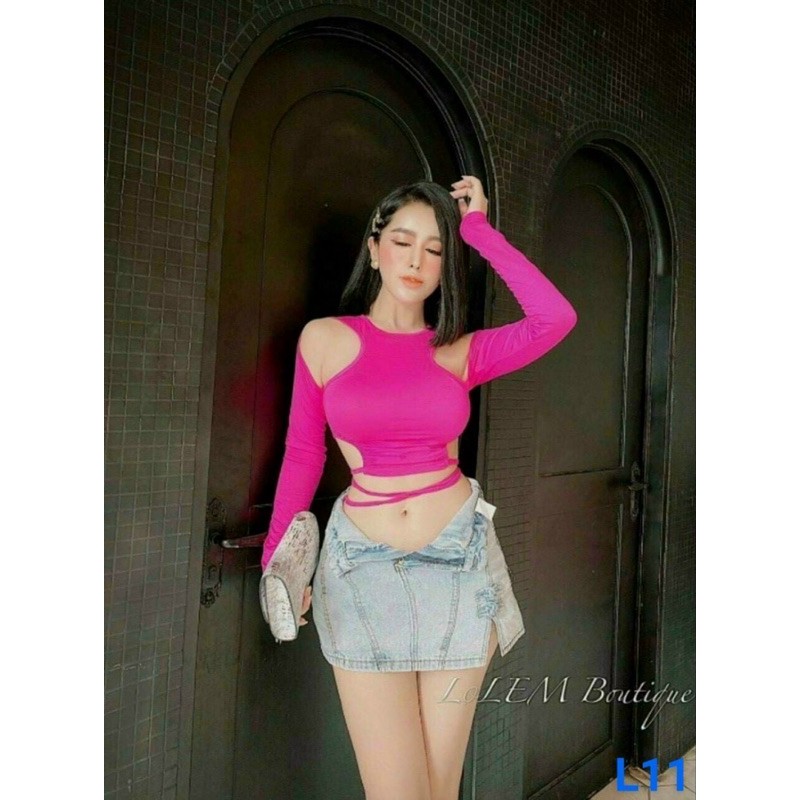 Áo croptop tay dài cut out buộc nơ eo siêu sexy -04N | BigBuy360 - bigbuy360.vn