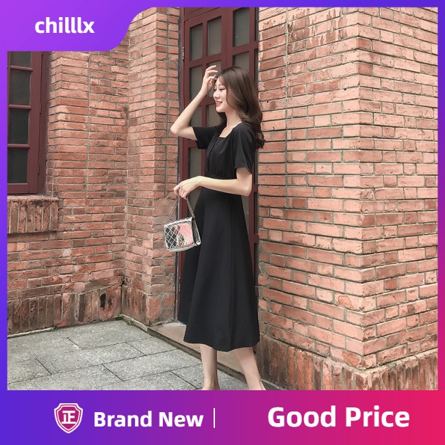 Đầm Dáng Chữ A Dài Qua Gối Cổ Vuông Màu Đen Kiểu Cổ Điển