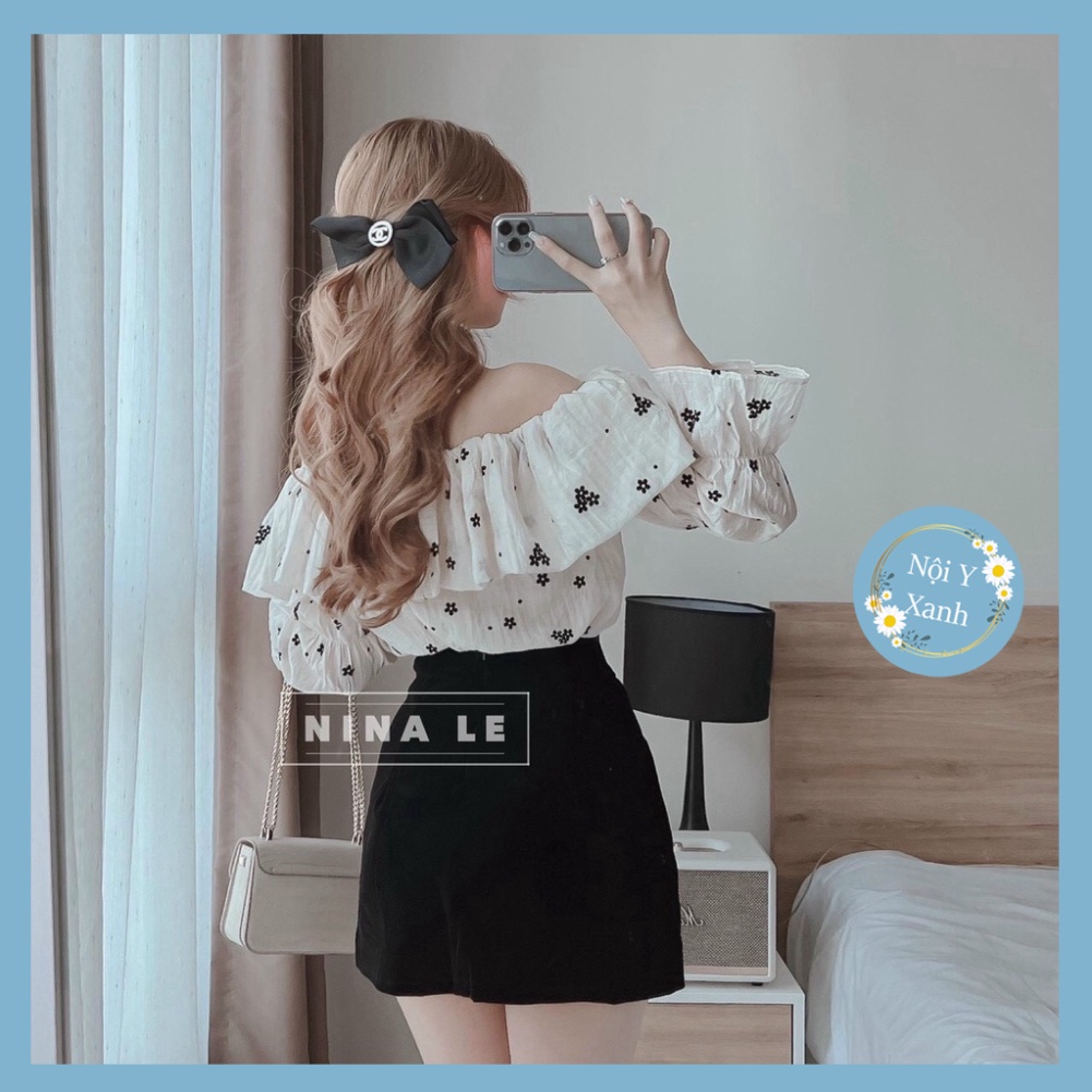 Áo kiểu nữ- Áo sơmi trễ vai phong thái korea mặc đi chơi, đi du lịch_137 Nội y xanh chất đẹp deal xịn sexy