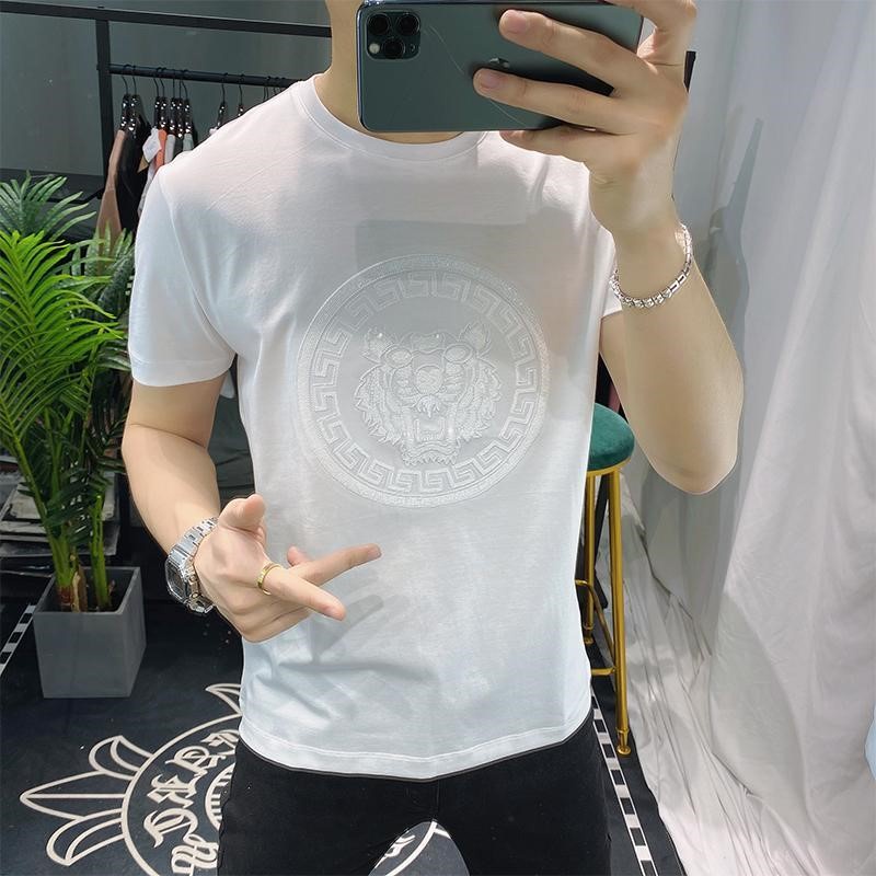 Áo Thun Nam Ngắn Tay Cổ Tròn Thêu Hình Đầu Hổ Phong Cách Châu Âu