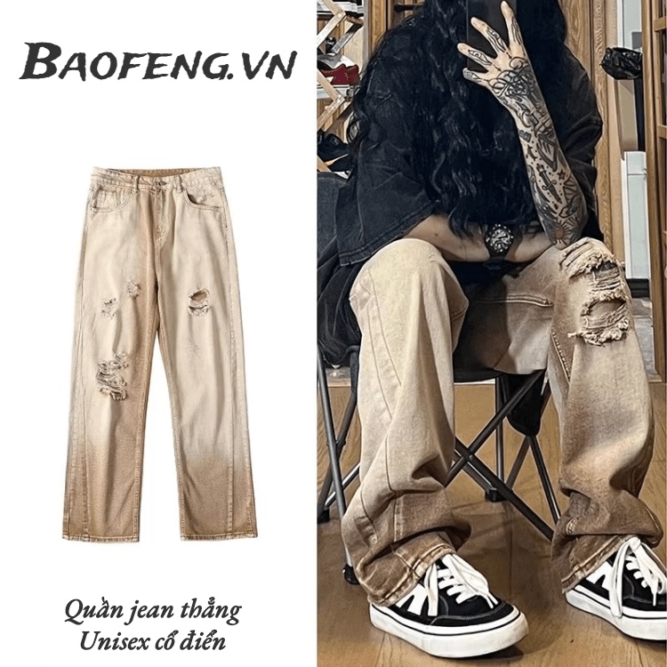 Quần Jean Nam Dài Dáng Rộng Co Giãn Tốt Phối Rách Kiểu Vintage Thời Trang Cho Nam Và Nữ Quần jean hang động retro Quần denim thẳng bình thường