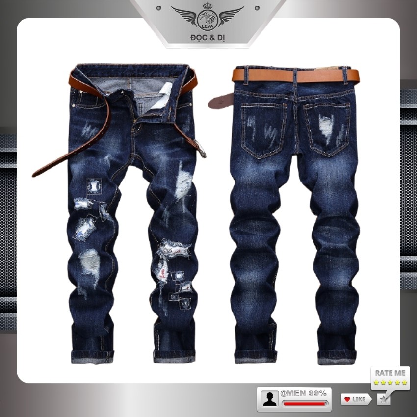 Quần jean rách đẹp ống suông độc lạ LEVAMEN chất liệu vải bò jeans co giãn nhẹ  vá gối độc đáo QJ063