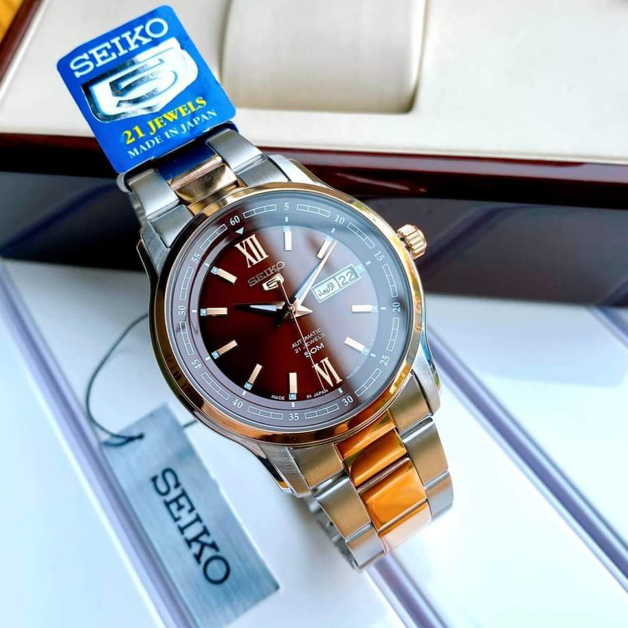 Đồng hồ Nam Seiko 5 SNKP18J1/SNKP18K1 Automatic Size 42mm,Mặt nâu đất,Lịch thứ ngày-Máy cơ tự động-Dây kim loại cao cấp