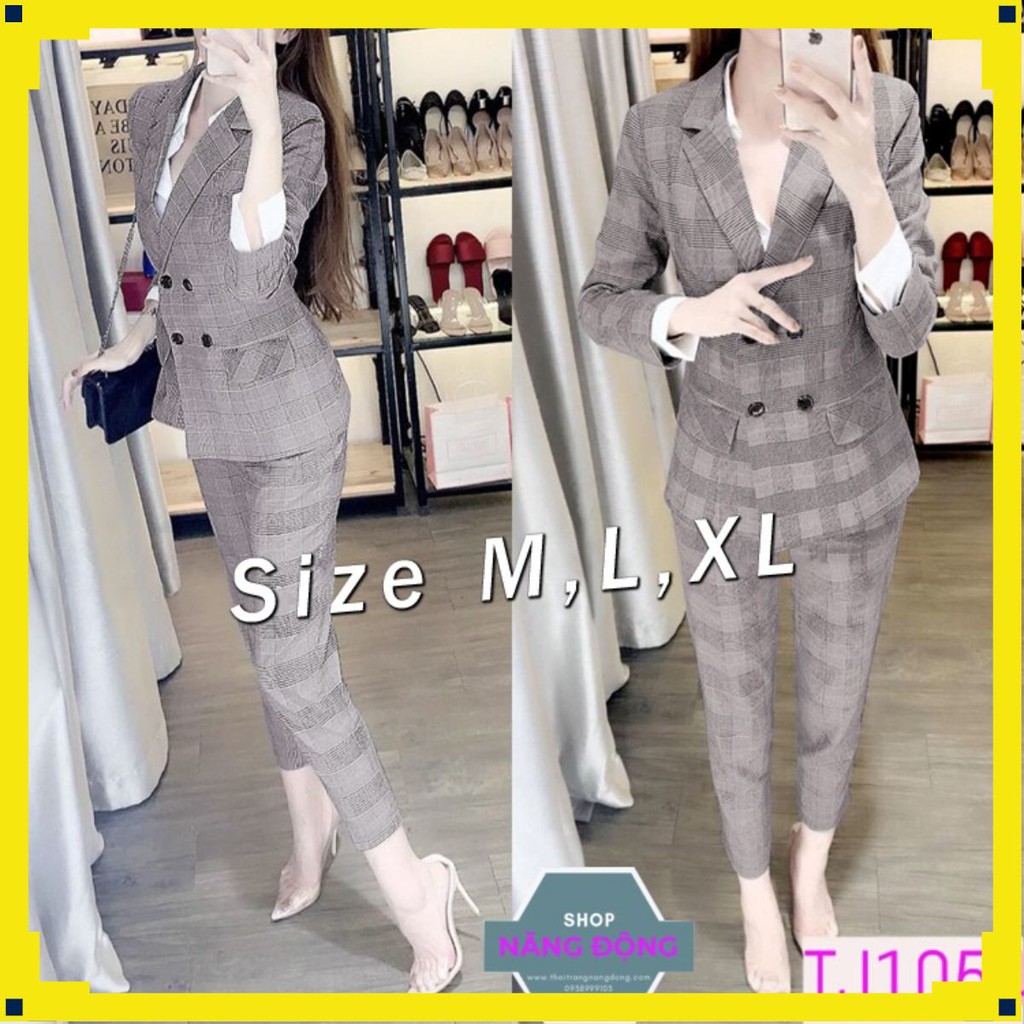 Set Trang Phục FREESHIP Set nguyên bộ vest kẽ sọc dài 2 túi giả xinh xắn J1054