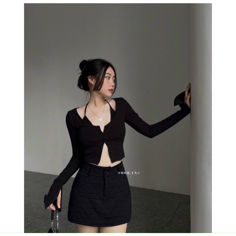 Set áo croptop yếm chân váy A đen