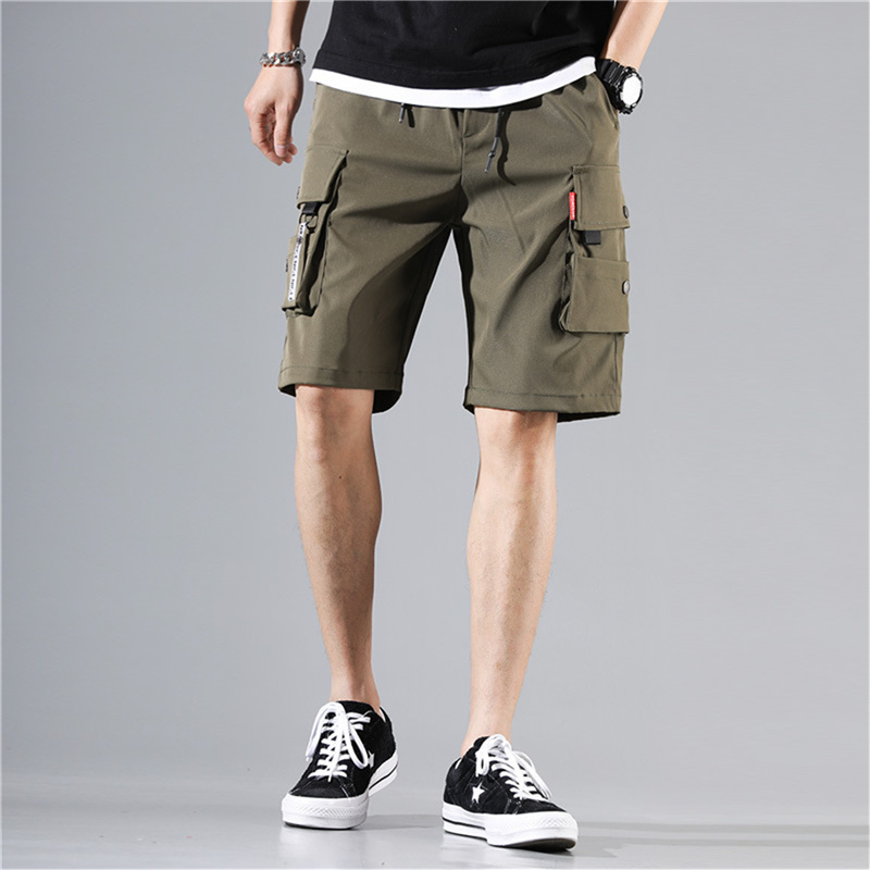 [rogoldVN]Mens Shorts Bermuda Cargo Multi-Pocket Pants Elastic Waist Knee Length Short