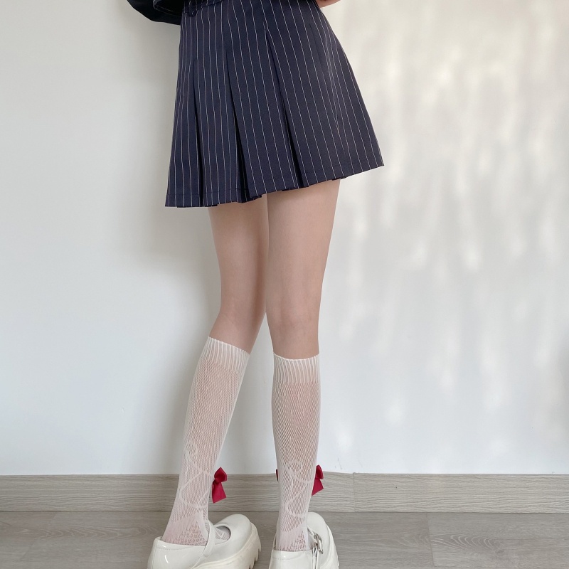 Xixi Tất Lưới Dài Tới Bắp Chân Họa Tiết Chấm Bi Thắt Nơ Phong Cách Preppy Nhật Bản Ngọt Ngào Cho Nữ