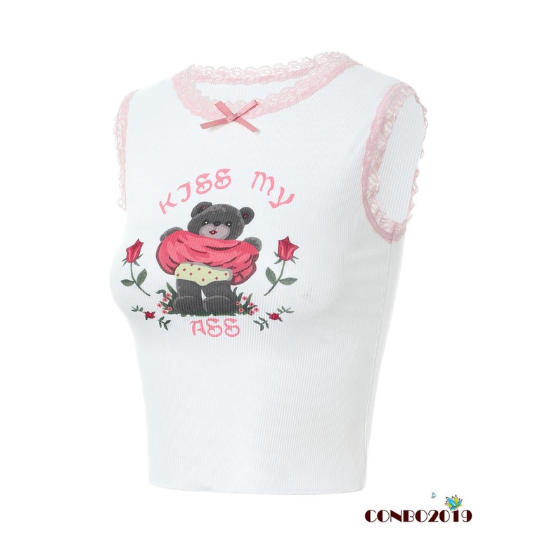 Áo Tank Top Không Tay Cổ Tròn Phối Ren Họa Tiết Gấu Hoạt Hình Thời Trang Mùa Hè Cho Nữ