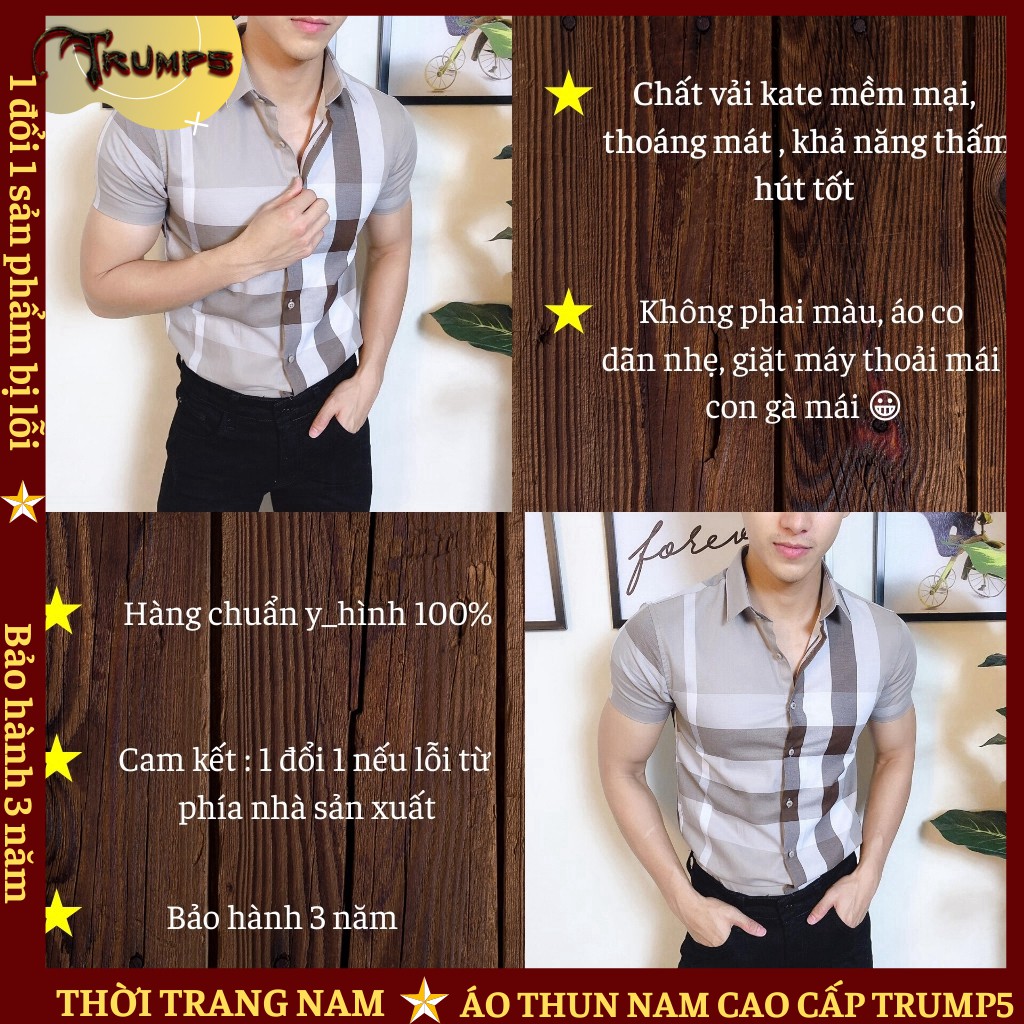 Áo Sơ Mi Nam Ngắn Tay 👕DEAL SỐC👕 Phối Ô Vuông Màu Sữa Chất Kate Mềm Mịn Dáng Ôm Body TRUMP5