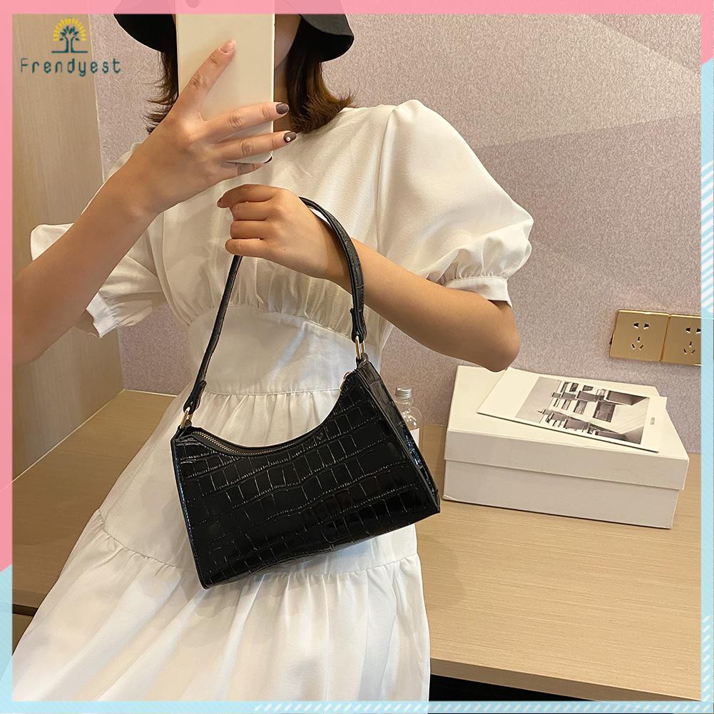 Túi xách da PU vân da cá sấu màu trơn thời trang vintage cho nữ