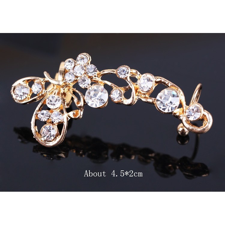 Khuyên tai vàng hình hoa và bướm đính đá pha lê phong cách retro