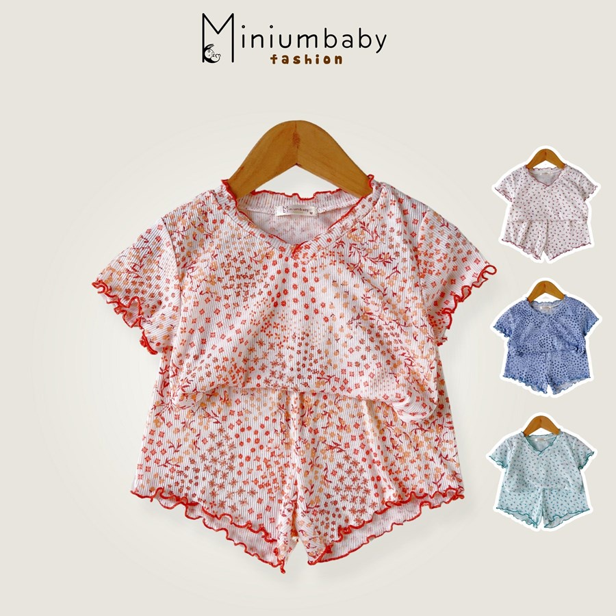 Bộ đồ cộc tay hoa viền bèo cổ tim cho bé gái chất liệu 100% cotton, quần áo trẻ em mặc mùa hè MiniumBaby SB1245