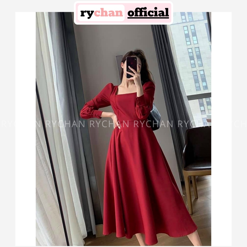 Đầm Xòe Midi Cổ Vuông Tay Dài Nút Bọc 3 Màu Trắng Đen Đỏ [Ảnh Thật Cuối] - DX0080