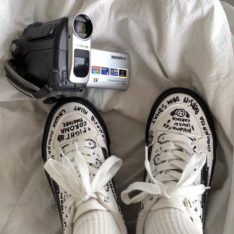 Giày thể thao vải canvas hoạ tiết phong cách Hàn Quốc năng động cho nữ