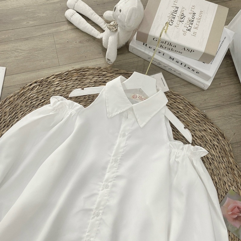 Áo sơ mi cổ đức hở vai bèo TVOGUE dài tay chất lụa thô lên dáng siêu sang chảnh , tiểu thư