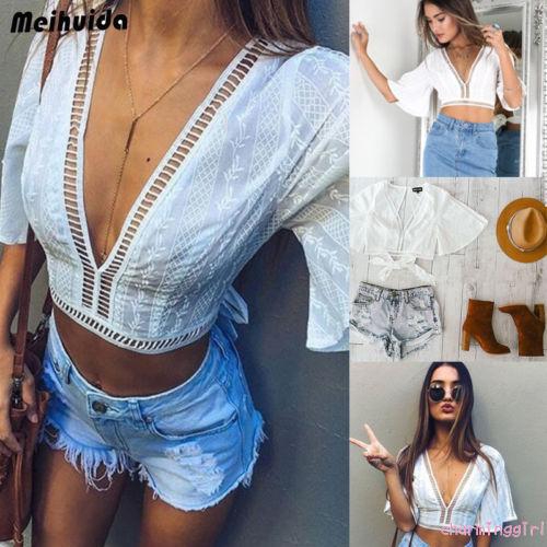 Áo Crop Top Vải Ren Màu Trắng Gợi Cảm Phong Cách Thanh Lịch Thời Trang Cho Phụ Nữ