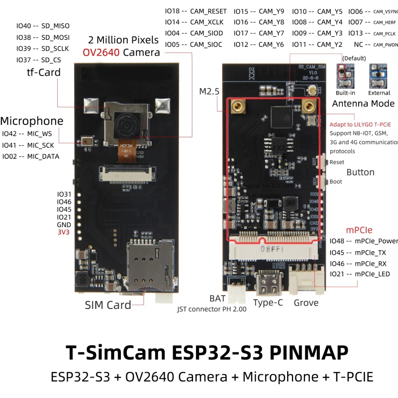 Bảng Mạch Phát Triển CAM ESP32-S3 WiFi BT5.0 Cho Camera OV2640 TF Card Adapter T-PCIE