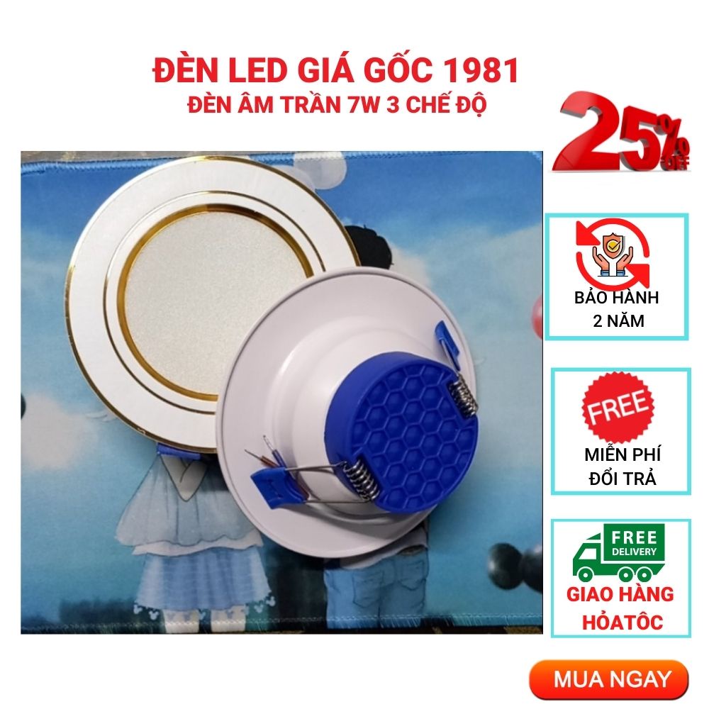 mã HH -Đèn Led âm Trần LIỀN THỂ, Đèn Led âm Trần 7W 3 Chế Độ Màu Viền Vàng Trang Trí Trí Trần Thạch Cao