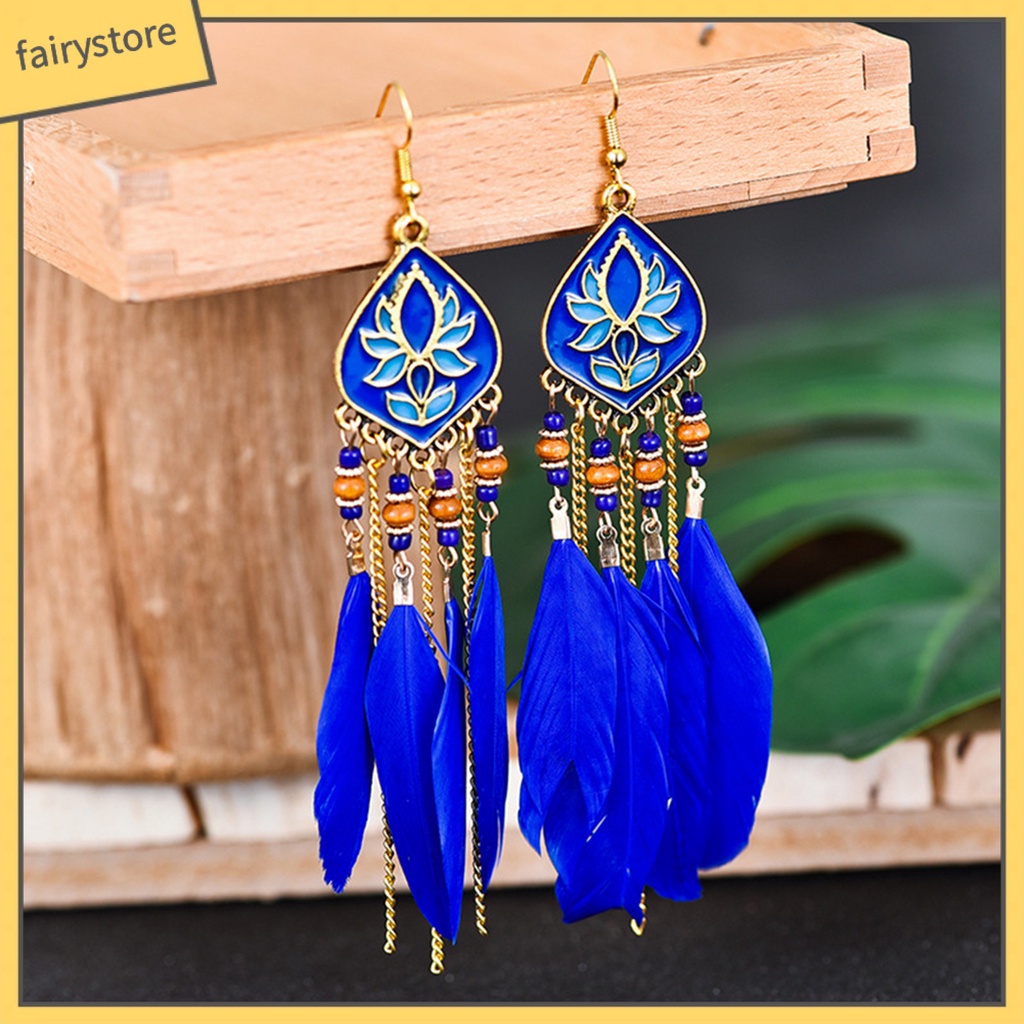 Khuyên Tai Dáng Dài Phối Lông Vũ Phong Cách Bohomian