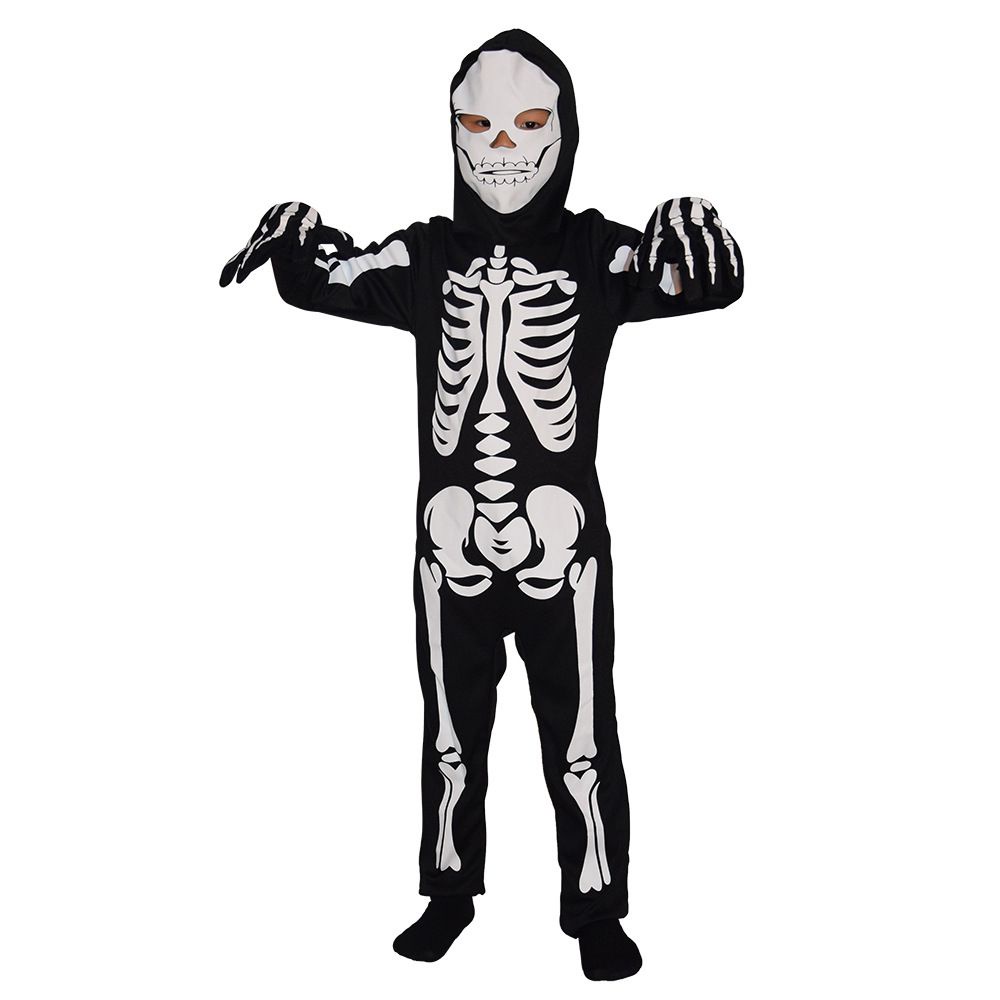 Áo liền quần in hình hộp sọ/xương cho trẻ em chủ đề kinh dị Halloween kèm phụ kiện