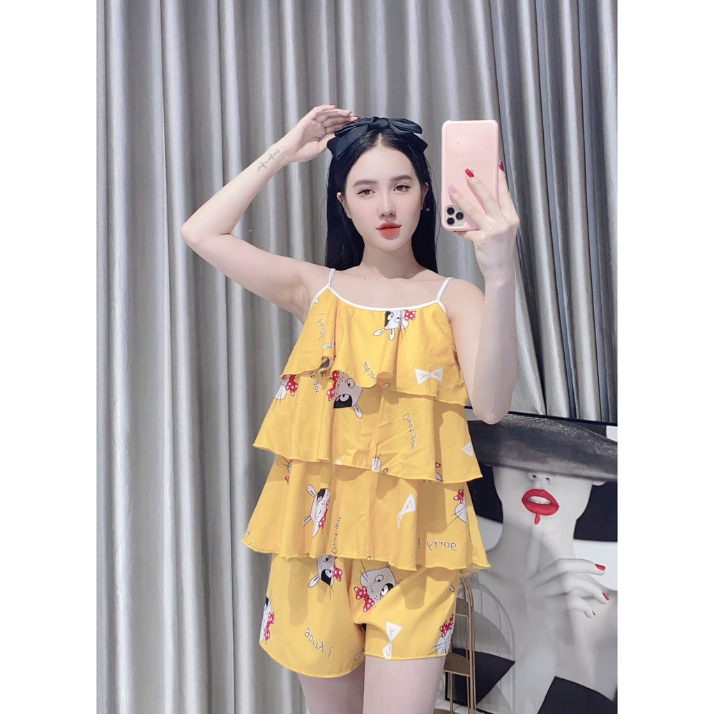 Đồ bộ ngủ, đồ bộ đùi lụa hàn 2 dây bèo 3 tầng siêu kute | BigBuy360 - bigbuy360.vn