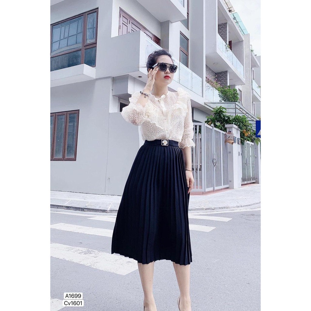 Sét đầm thiết kế áo ren cao cấp tay bồng bánh bèo ngực phối váy xếp ly S1699_Mie Design [kèm ảnh thật]