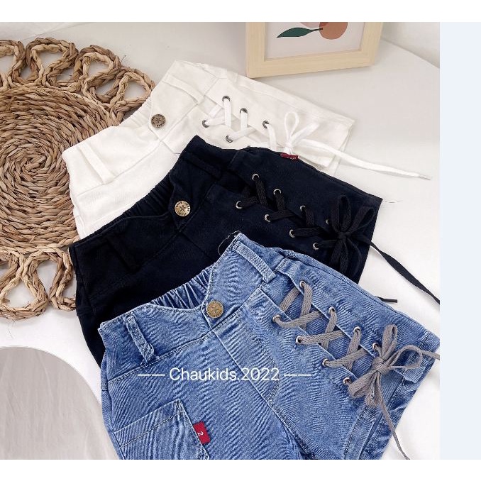 Quần đùi phong cách cho bé gái phối đồ đi chơi du lịch đẹp từ 18-30kg chất jeans mềm co giãn thoải mái
