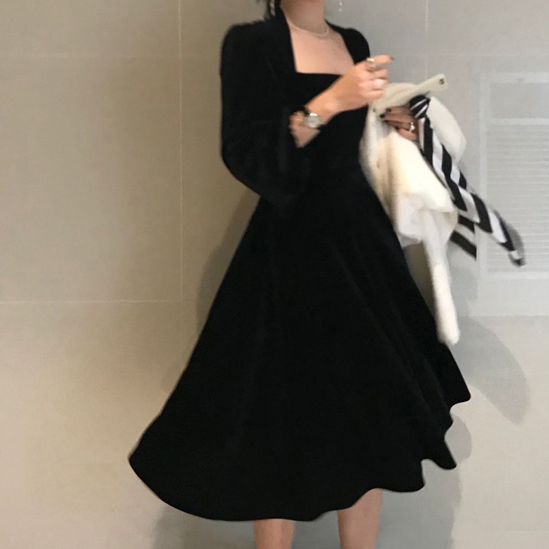 (ORDER) Váy nhung xòe dài tay cổ vuông bo eo sang chảnh kiểu Pháp đơn giản | BigBuy360 - bigbuy360.vn
