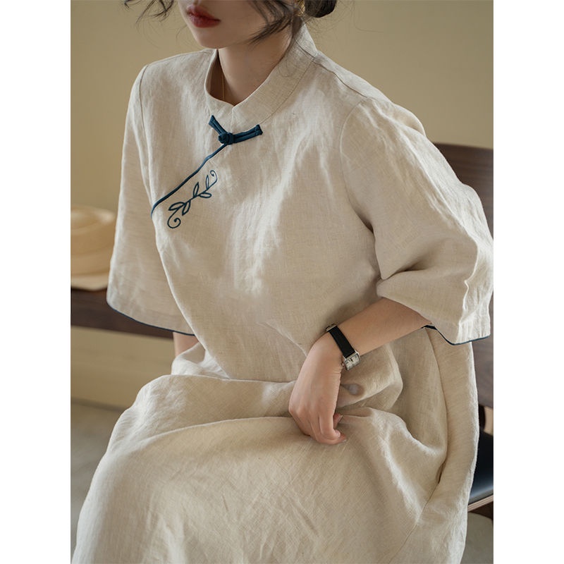 Đầm Sườn Xám Cách Tân Vải Cotton Lanh Cổ Đứng Thêu Họa Tiết Kiểu Trung Hoa Thời Trang Mùa Hè 2022