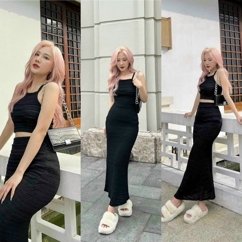 Set áo body cổ yếm croptop len với chân váy midi trắng