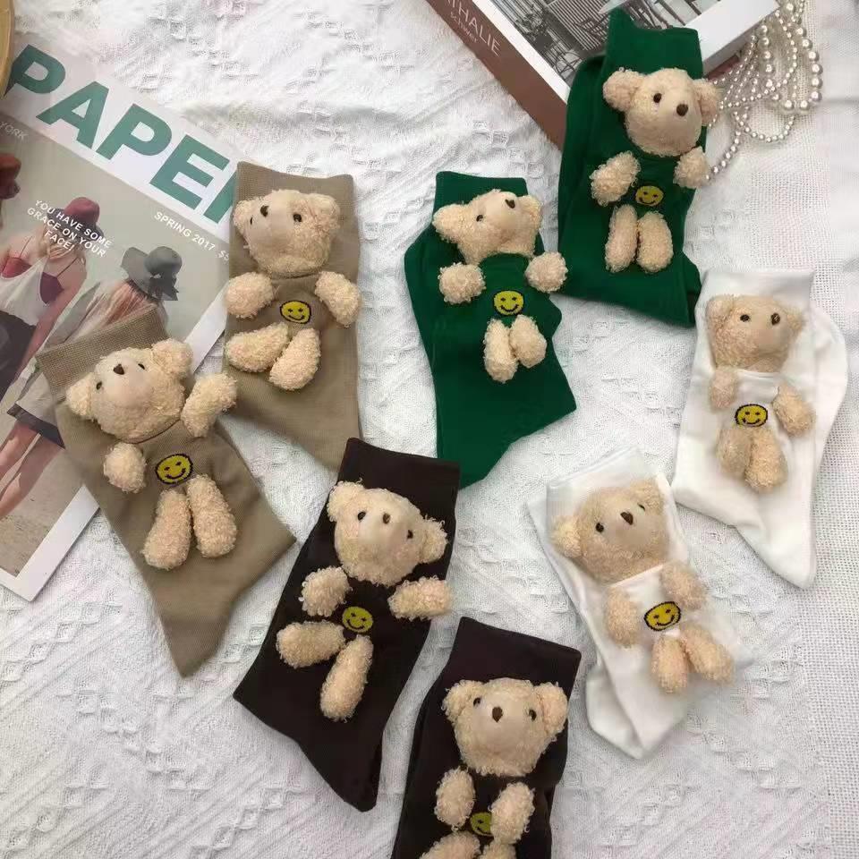 Vớ cotton Cổ Vừa Họa Tiết Gấu Bông Ba Chiều Phong Cách Nhật Hàn Mới Cho Nữ