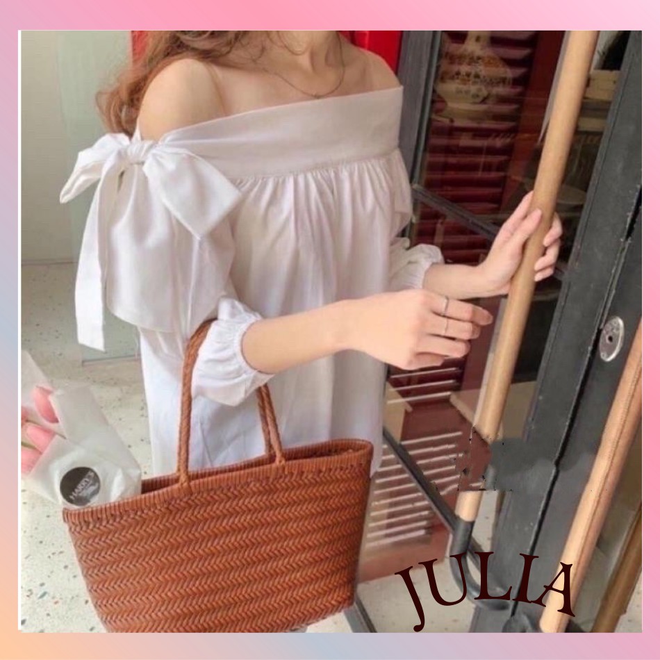 Áo Trễ Vai Tay Bồng hở vai dài màu trắng, kem, đen vải đũi siêu mát kiểu dáng rộng hàn quốc JULIA( A14)