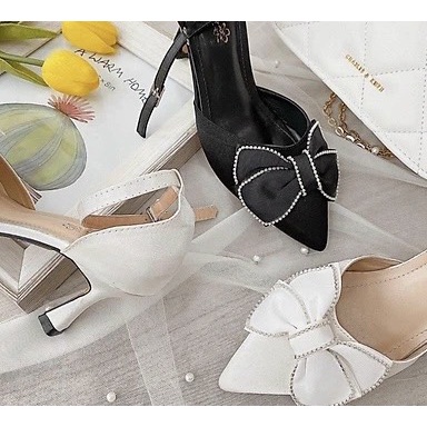 ZZ99- Giày, sandal cao gót nơ bông 7 phân gót mảnh- sambo bít gót