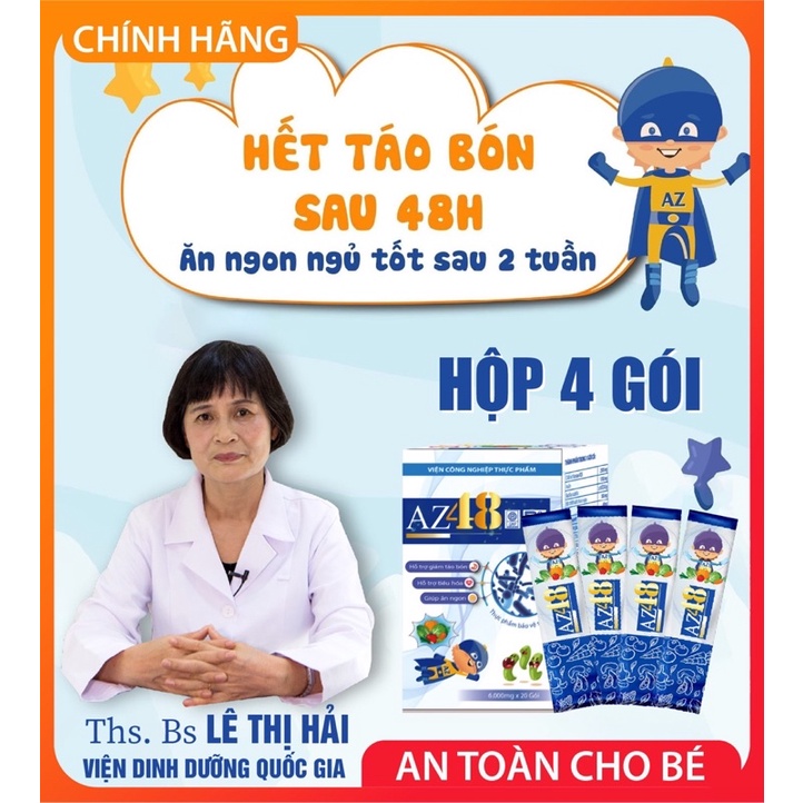 (Hộp 4 gói)MEN AZ48 - CẢI THIỆN TÁO BÓN SAU 48h, GIÚP BÉ ĂN NGON, TĂNG CÂN ĐỀU, TĂNG SỨC ĐỀ KHÁNG