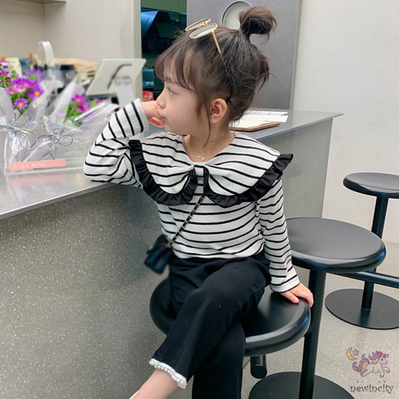 Áo Sơ Mi Tay Dài Cổ Búp Bê Họa Tiết Kẻ Sọc Đính Nơ Dễ Thương Thời Trang Mùa Thu Phong Cách Hàn Quốc Cho