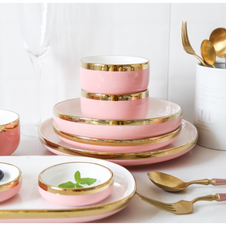 Bộ Bát Ăn Cơm. Bộ bát đĩa cao cấp,chén dĩa decor đẹp 26 món viền vàng màu hồng. Bộ Bát Đĩa Màu Hồng.