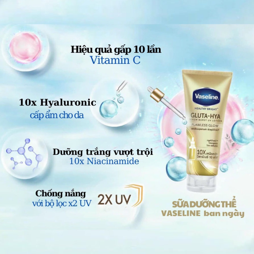 Sữa dưỡng thể Vaseline 10x body dưỡng trắng Healthy Bright Gluta HYA Serum Thái Lan 330ml