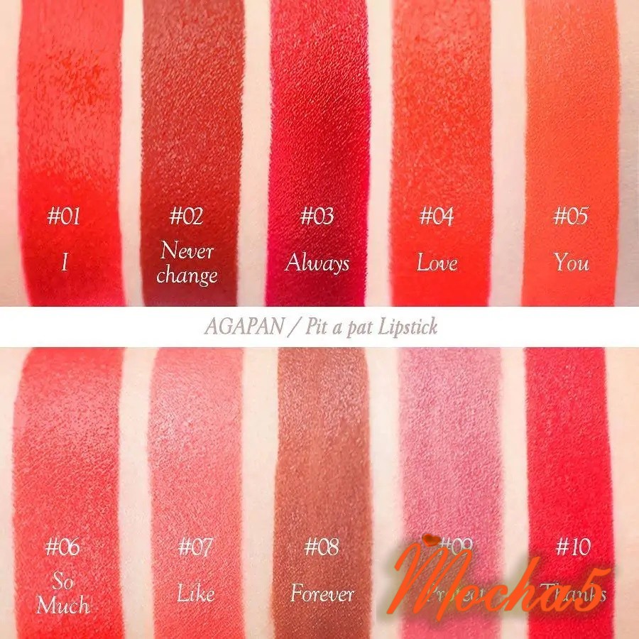 Son thỏi lì AGAPAN PIT A PAT Matte Lipstick mịn môi, mùi thơm đủ màu 01-13 [có bill]