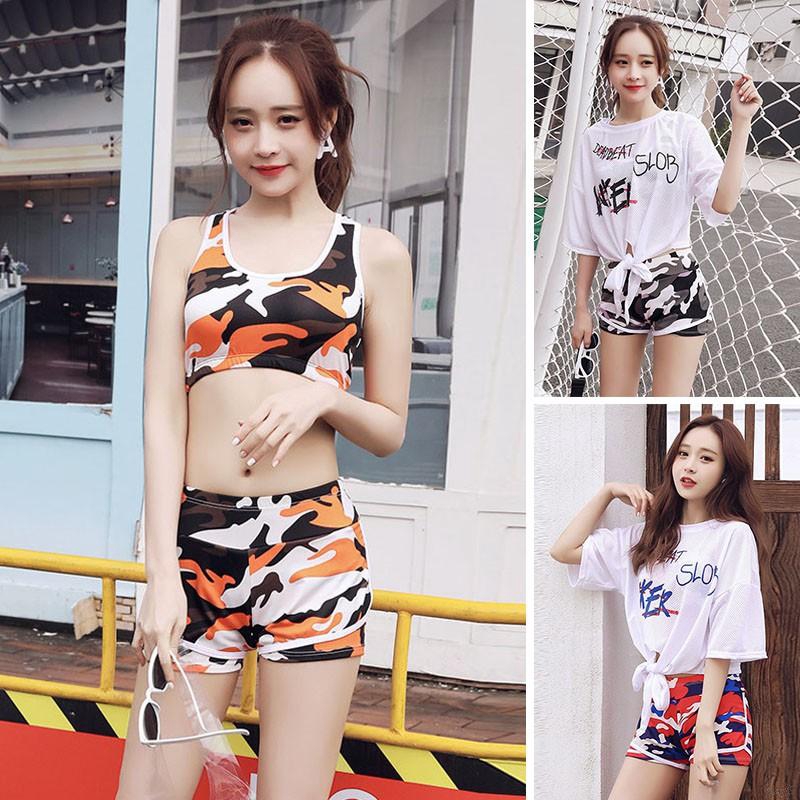 Fashion Korean Hot Bathing Suit Female Conservative Split Three-piece Sports Flat Angle Was Thin Gathered Swimsuit