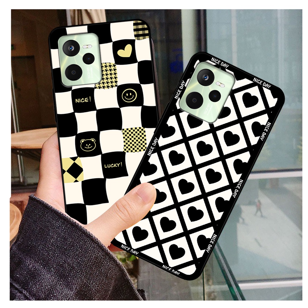 Ốp lưng Realme C35 in hoạ tiết caro trái tim đen trắng, gấu bear cute đáng yêu