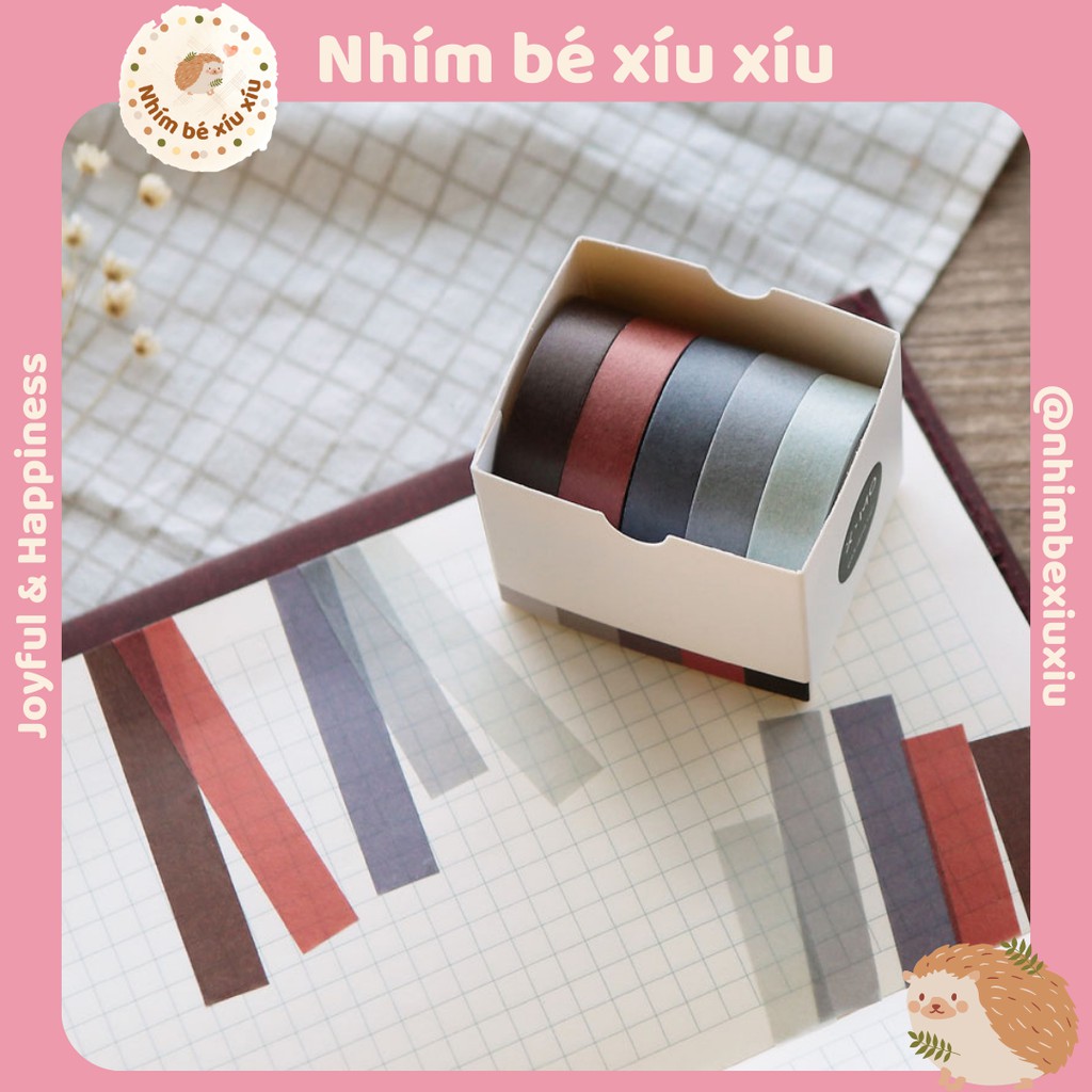 Hộp 5 cuộn washi tape tone màu trầm vintage băng dính trang trí sổ tay bullet journal take note