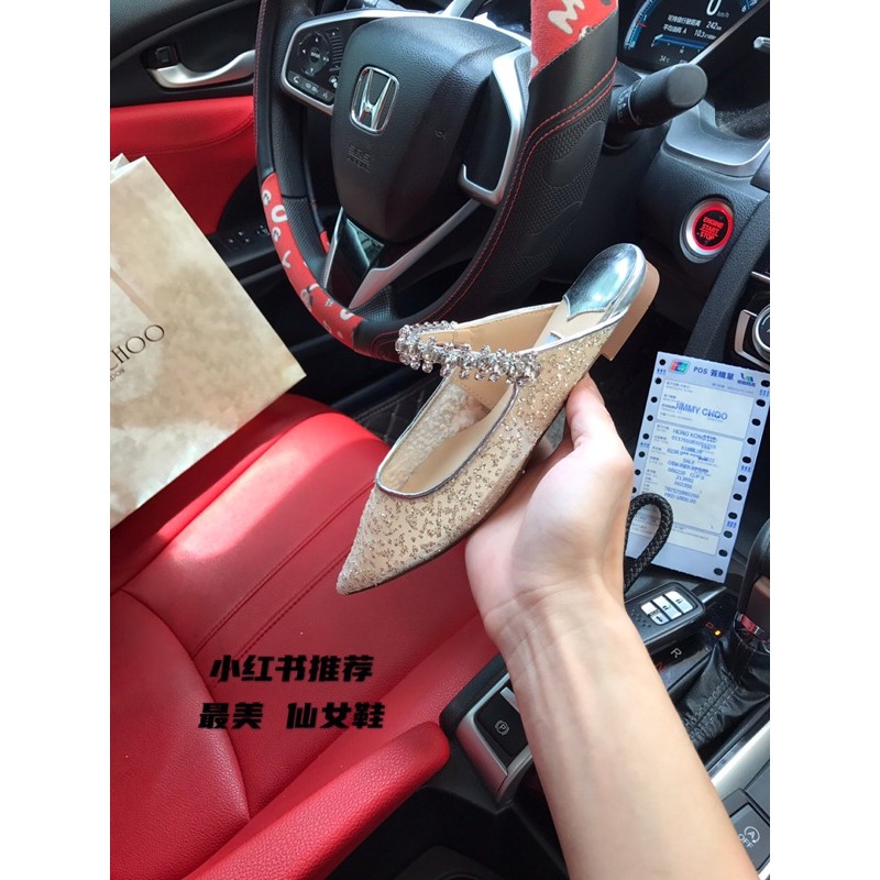 Giày bệt mũi nhọn Jymmy Choo đính đá cao cấp chất liệu lưới bên ngoài lót da bên trong siêu đẹp